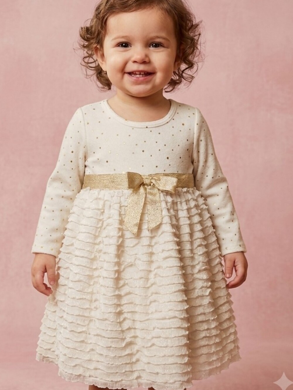 Iris & Ivy Cream and Gold Ruffle Party/Holiday Dress, S-18m, EPreLC